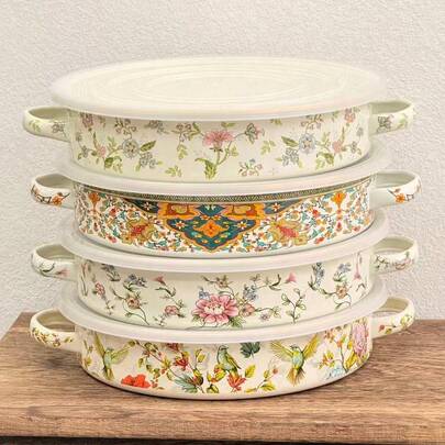 Luxury Persian Style + Intricate Geometric Colorful Patterns / Contrast Trim + Round Shallow Pot Shape + Sturdy Heat-Resistant Handle + Easy To Clean & Durable / Fresh-Keeping & Heat Preservation + Retro Courtly Enamel Pot + Ideal For Festival Hospitality / Outdoor Picnic Grilling / All-Season Kitchen Cooking Scenarios