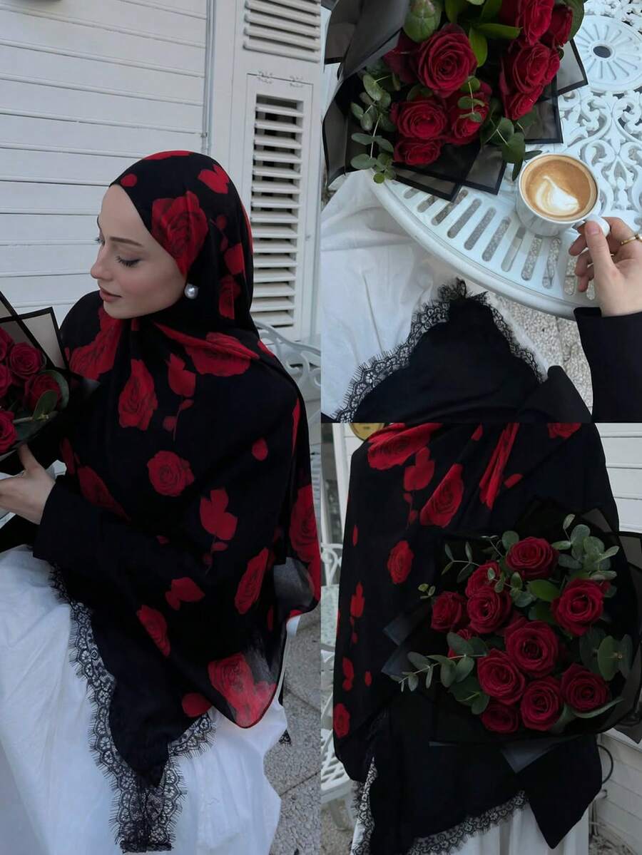 1 chiếc khăn trùm đầu kiểu Bohemian in hoa hồng dành cho nữ, khăn quàng cổ thời trang đường phố mùa thu/đông, phù hợp để sử dụng hàng ngày. - Nhiều màu - Xem 1