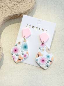 1对女士花卉蝴蝶印花浅粉色陶瓷质感优雅菱形亚克力耳环 - 彩色 - 查看 4