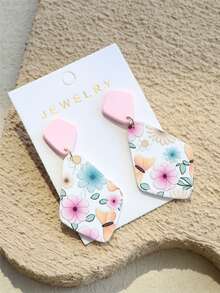 1对女士花卉蝴蝶印花浅粉色陶瓷质感优雅菱形亚克力耳环 - 彩色 - 查看 5