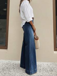PETITE Vintage Washed Wide Leg Women's Jeans, Loose Flattering Casual Long Pants - Dark Wash - View 3