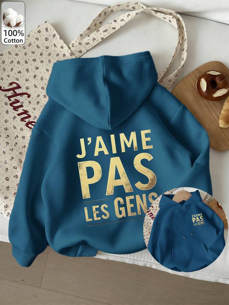 Women's Blue Hooded Pullover Sweatshirt With Drawstring & Pockets, Long Drop Shoulder Sleeve, Casual Regular Fit, Warm Lined Knitted Fabric,Outdoor - Peacock Blue - View 1