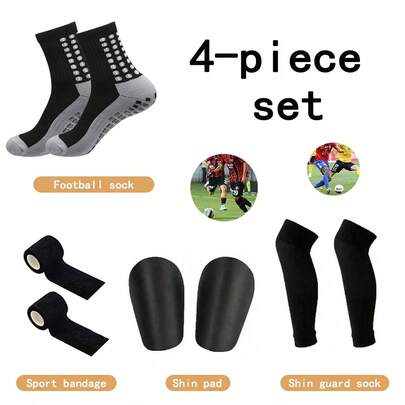 4pcs/Set Unisex Sports Non-Slip Soccer Leg Warmers, Comfortable & Durable Basketball Running Leg Warmers + Sports Adhesive Bandage + Mini Shin Guards + Elastic Leg Sleeves, Match Training Equipment