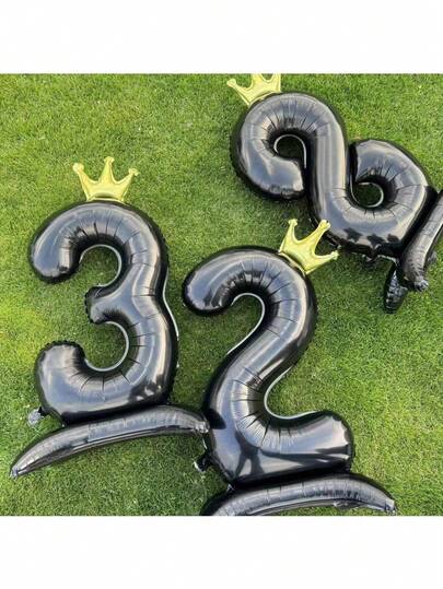 MECRLA 1pc 40'' Black Crown Shaped Digit Balloon With Base, Ideal For Birthday Parties, Anniversary Celebration, Birthday Photoshoot,Christmas