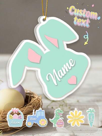 Personalized Bunny Head Shape Acrylic Hanging Ornament Custom Name Easter Bunny Ornament Cute Rabbit Hanging Decor Spring Holiday Keepsake Gift Pastel Bunny Head Sign Tree Decoration Custom Text Family Memory Ornament Home Display Celebration Present