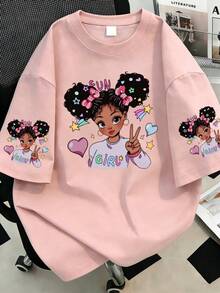Camiseta Feminina Plus Size Gola Redonda Estampa de Desenho Animado Casual Versátil Uso Diário Passeio Manga Curta Rosa Verão - Rosa chiclete - Visão 1