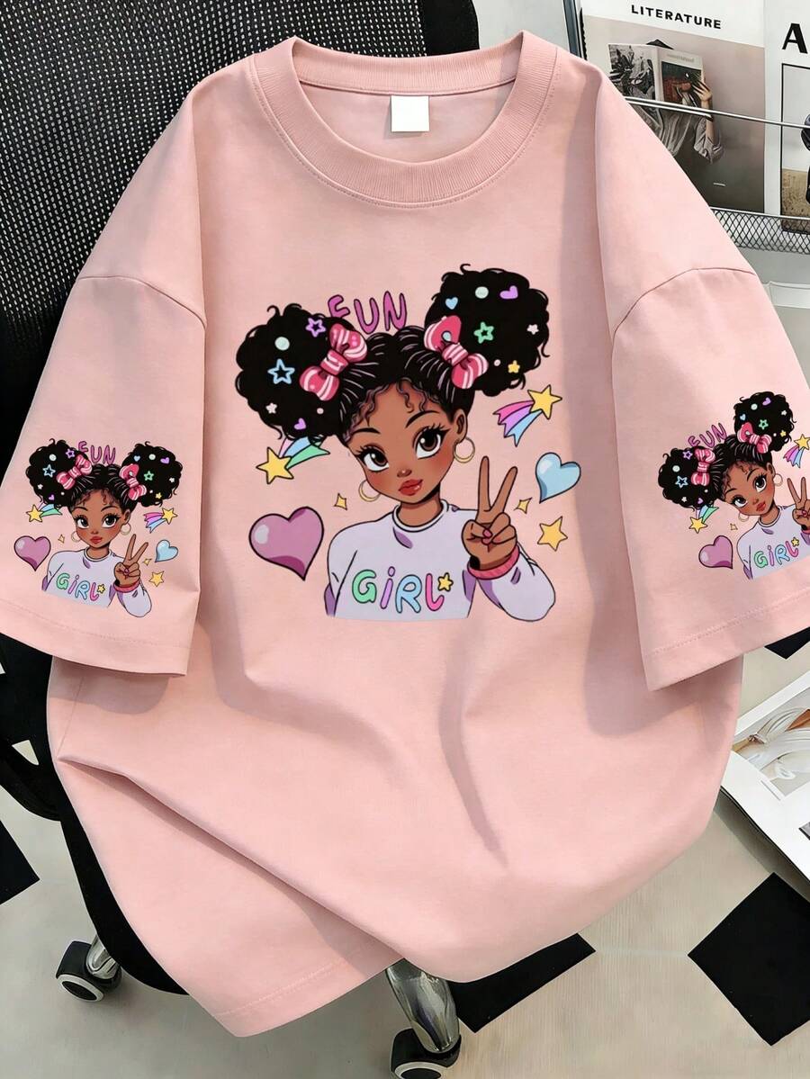 Camiseta Feminina Plus Size Gola Redonda Estampa de Desenho Animado Casual Versátil Uso Diário Passeio Manga Curta Rosa Verão - Rosa chiclete - Visão 1
