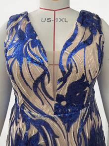 Romagic 曲线款无袖亮片长款连衣裙，V领露背系带A字优雅舞会礼服，春夏款 - 藍色 - 查看 5