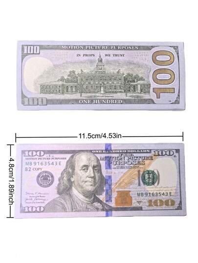 1000pcs $100 Prop Money, Size 11.5 X 4.8 Cm, Thick Cardboard Material, Novelty Toy Decoration, Party Prop, Funny Gag Gift, Suitable For Movie Props (E.G. Pet Memento), KTV Entertainment Atmosphere Props, Birthday Parties, Holiday Gatherings, And Collectibles