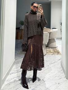 Gonna mini in raso con inserti in pizzo, con zip e design traforato, elegante e chic, adatta alla primavera per le donne - Castano - Visualizzare 1