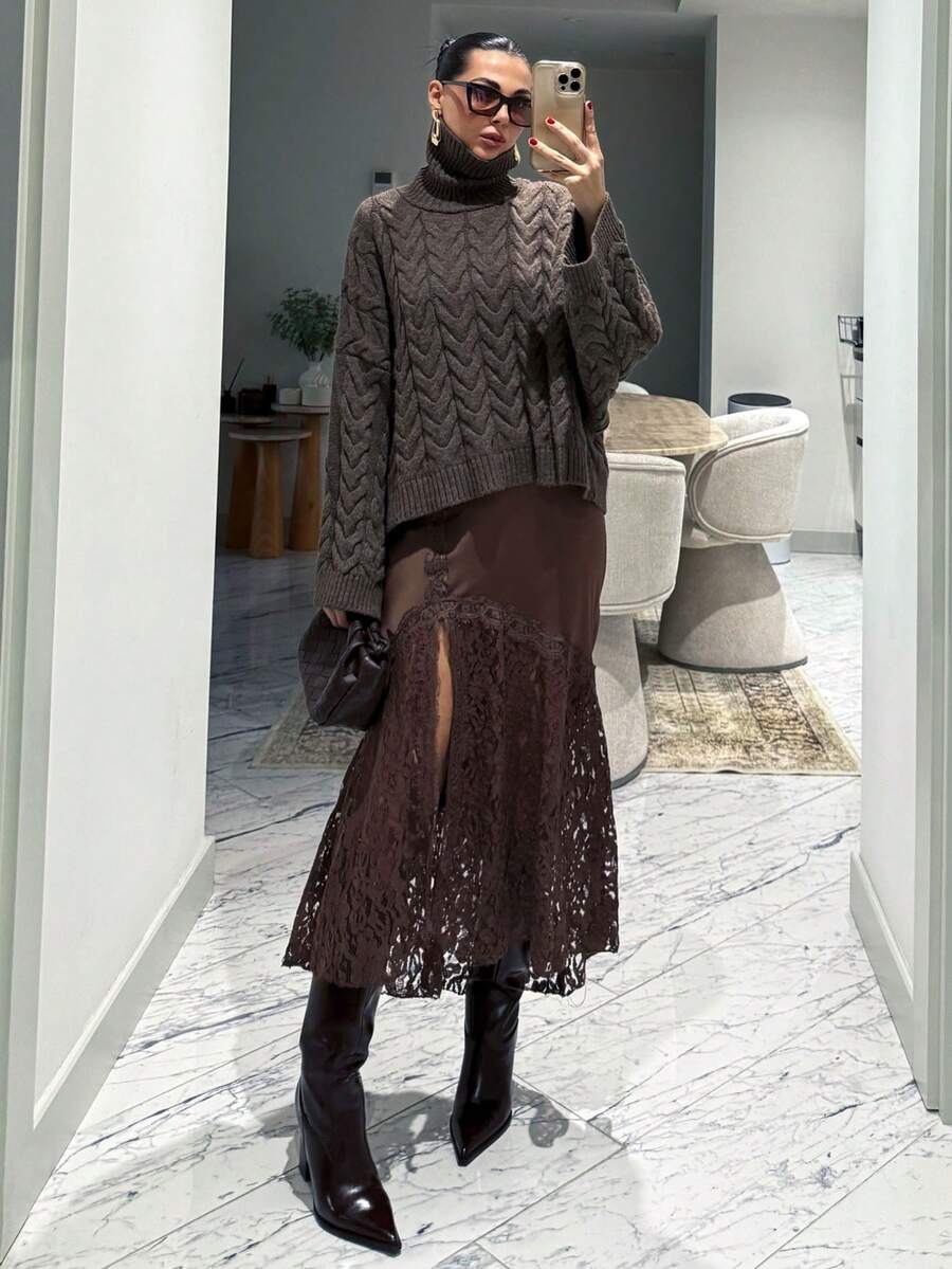 Gonna mini in raso con inserti in pizzo, con zip e design traforato, elegante e chic, adatta alla primavera per le donne - Castano - Visualizzare 1