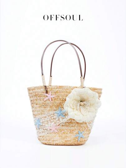 Túi xách phong cách đồng quê họa tiết hoa, túi đan bằng rơm kiểu dáng mới cho kỳ nghỉ biển, túi tote kiểu Bohemian viền ren và họa tiết ngôi sao dành cho nữ.
