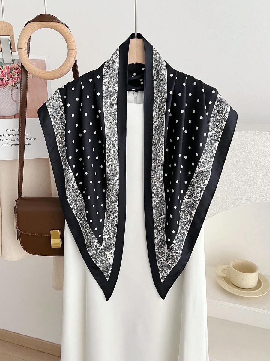 1 pieza Pañuelo elegante de poliéster con lunares, accesorio decorativo versátil para todas las estaciones, playa, vacaciones - #1 Negro - Ver 1