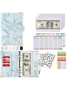 Cuaderno de hojas sueltas de piel sintética A6 con: Patrón de mármol (carcasa exterior) + 8 bolsillos con cremallera + 12 tarjetas de presupuesto en efectivo A6 + 2 pegatinas en inglés + pegatina con botón a presión - A6 - Ver 11