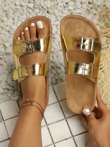 Unisex Thick Sole Birkenstocks Style Retro Casual Versatile Flat One-Strap Sandals, Suitable For Teenagers - Gold - View 2
