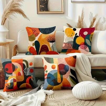 4PCS Modern Abstract Geometric Pillow Cover - Colorful Square Decorative Pillow Cover With Zipper Closure, Double Sided Printing, Bright Orange Green Blue Pink Yellow Red Black White, Suitable For Sofa Bed, Car Living Room, Bedroom Decoration, Machine Washable Soft Fabric (Excluding Inner Core), Decorative Pillow Cover