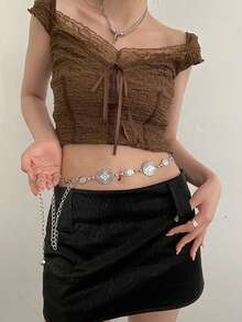 1 chiếc dây đeo eo hình oval dập nổi phong cách Bohemian bằng hợp kim mạ bạc dành cho nữ. - Bạc - Xem 4