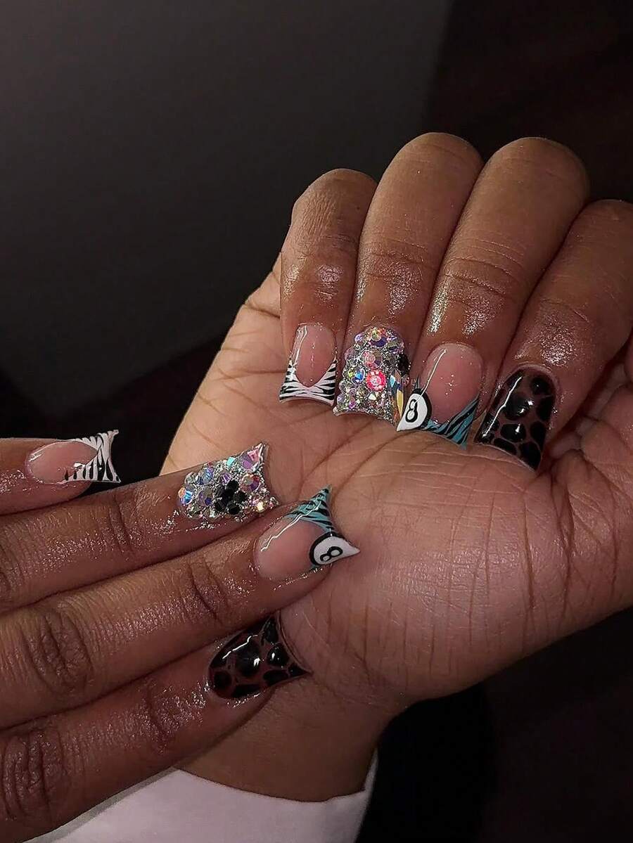 Bộ 24 móng tay giả dài họa tiết da báo Y2K kiểu Pháp, đính đá, bộ dụng cụ làm móng acrylic bao gồm 1 gel dẻo và 1 dũa móng, kiểu móng tay Pháp, thích hợp cho phụ nữ và bé gái tự làm cho các dịp hàng ngày, lễ hội, tiệc tùng. - Nhiều màu - Xem 1