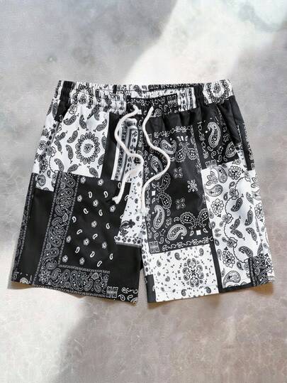 男士印花圍巾圖案束腰短褲，寬鬆板型，鮮豔圖形，適用於假期海灘