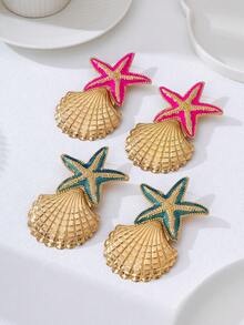 一对度假风海洋主题女士耳环，饰有时尚的波西米亚贝壳、海星和其他海洋生物造型。耳环采用夸张的金属设计，适合日常佩戴、街头风和海滩派对。 - 一對耳環 - 查看 2