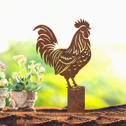 1pc 2D Flat Rusty Rooster Acrylic Garden Sign, Vintage Farmhouse Yard Decor, Distressed Outdoor Farmhouse Style Garden Sign, Gift For Farmers