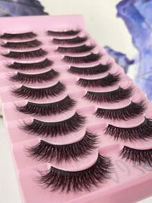 10 pares de pestañas postizas completas, estilo europeo y americano, esponjosas, densas, de aspecto natural, con puntas afiladas, raíces de pestañas negras ultra finas, ligeras, suaves, reutilizables, esenciales de maquillaje diario, portátiles - Negro - Ver 4