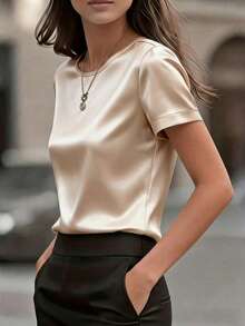 女士优雅圆领缎面短袖衬衫，适合春夏穿着 - 香檳色 - 查看 4