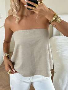 PoPoHouse 女士纯棉夏季优雅抹胸性感露背上衣，适合时尚休闲海滩度假派对日常外出穿着 - 卡其色 - 查看 5