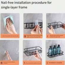 1 pieza Estante de esquina para ducha resistente a la oxidación con ganchos, estante de almacenamiento para ducha montado en la pared con adhesivo, organizador de baño, estante flotante montado en la pared Accesorios de baño - Multicolor - Ver 7