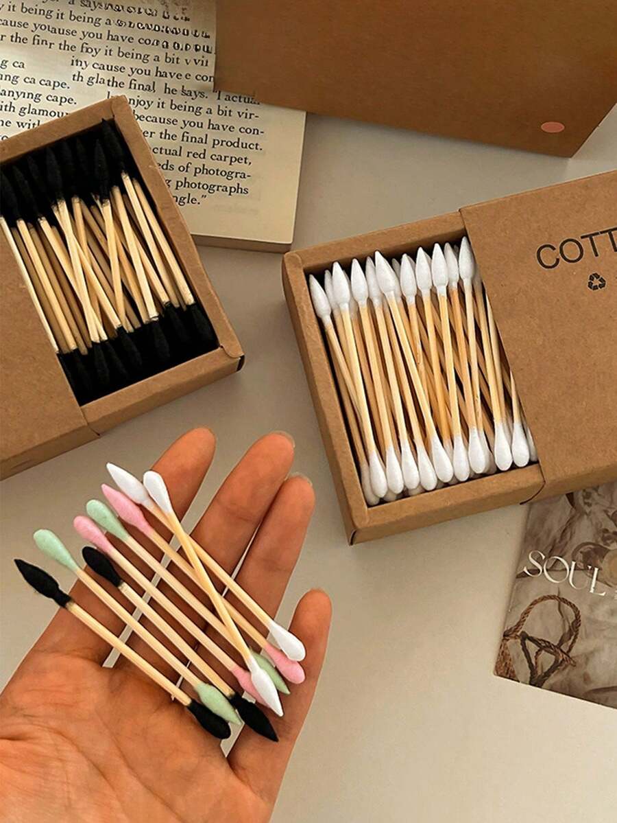 200支/包牛皮纸盒装竹木双头棉签，适用于化妆、卸妆、耳部清洁 - 多色 - 查看 1