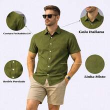 Italian Collar Shirt Short Sleeve Slim Fit Casual - Green - View 5