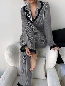 Dreamivo Bộ đồ ngủ nữ 2 món, áo tay dài và quần dài màu đen kẻ sọc hoa văn, có bèo nhún, đồ mặc nhà thoải mái với áo sơ mi cổ cài cúc và quần cạp chun. - màu đen - Xem 6