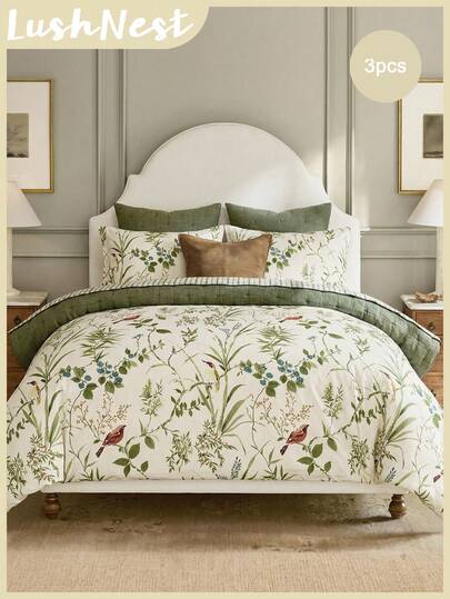 3 pezzi Set copripiumino con stampa ad acquerello di foglie e uccelli verdi (1 copripiumino + 2 federe, senza piumino), realizzato in tessuto di poliestere di alta qualità, morbido e delicato sulla pelle, adatto per camera da letto matrimoniale, camera degli ospiti e altre camere da letto, adatto per tutte le stagioni, un regalo ideale.