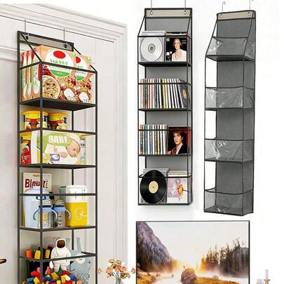 1pc Foldable Hanging Storage Bag, 4/6 Compartments Multi-Functional Hanging Organizer, Suitable For Storing Snacks, Toys, Clothes, CDs, Records Etc., With 2 Hooks For Hanging On Door, Wall, Cabinet, Transparent Design, Applicable For Student Dorm, Living Room, Bedroom