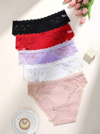 大码女式棉质蕾丝拼接舒适针织三角裤