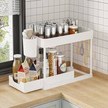 1pc Single-Layer Sliding Pull-Out Organizer Rack, Sink Undersink Storage Shelf With Hooks, Easy To Disassemble And Clean, Kitchen Drawer Organizer - Multicolor - View 9