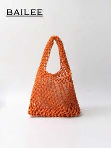 BAILEE 1 Set Polyester Crochet Mesh Bottom Multi-Color Solid Knitted Tote Bag, Quilted Pattern, Lightweight Portable Large Capacity Cute Fashion Beach Bag, Suitable Women, Young Professionals, Teachers/Girls - Orange - 查看 11