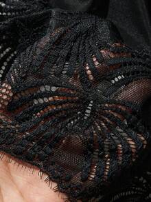 1pc Black Sheer Mesh Floral Lace Deep V-Neck Jumpsuit - Black - View 10