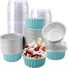 CHIPRISE 100-Piece Set (50 Cups + 50 Lids) Mini Cheesecake Containers With Lids, Paper Cupcake Liners, Disposable Aluminum Foil Cream Pudding Pots, Mini Pie Pans With Lids - Ideal For Puddings, Custards, Mini Cakes, And Other Desserts. Perfect For Parties, Weddings, Outdoor Events, And Holidays Like Christmas And Halloween. - Màu xanh nhạt - Xem 10