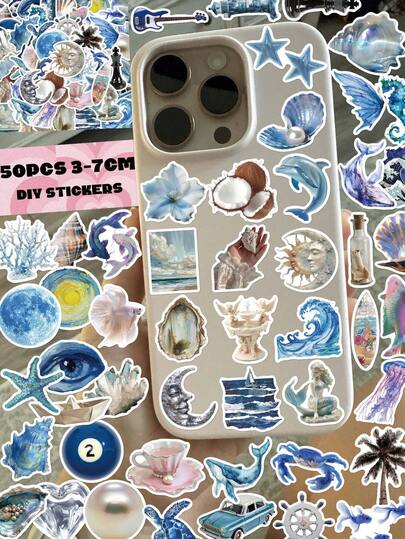 50 piezas/paquete Pegatinas de estilo océano plateado, material de PVC, cada una de 3-7cm, diseño creativo y estético, cada pegatina es única, adecuado para scrapbooking, tableta, cuaderno, funda de teléfono, portátil, motocicleta, monopatín, álbum, guitarra, lonchera, batería portátil, funda de auriculares, imán de nevera, calcomanía de coche, adecuado para decoración DIY de adolescentes y adultos