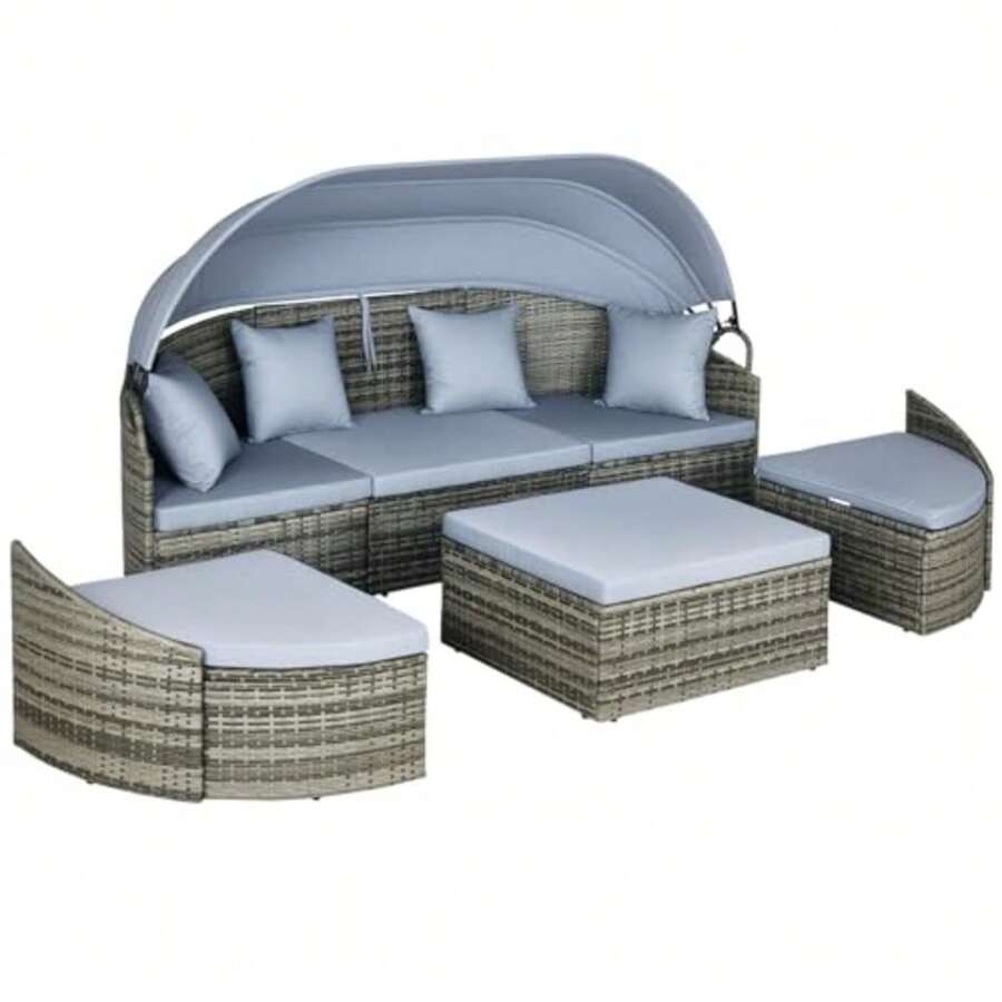 Outsunny 4-Piece Outdoor Rattan Furniture Set Round Convertible Patio Daybed Or Sunbed Sectional Sofa With Canopy Pillows Cushions Footrest Table PE Plastic Wicker Light Gray - Light Gray - 查看 1