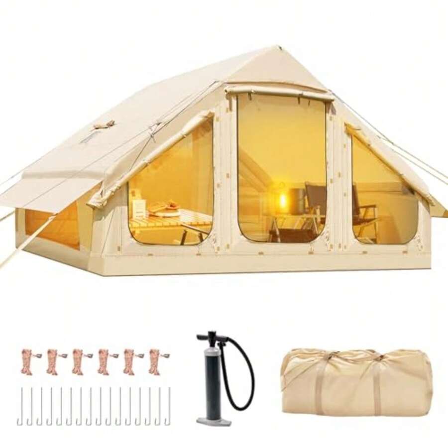 Inflatable Tents For Camping Blow Up Tent With Hand Pump Easy Setup Inflatable Hot Tent With Stove Jack Waterproof Oxford Air Glamping Tents For Camping Adult 4 Person Upgrade Version - 220.44吋長 x 118.08吋寬 x 82.8吋高/12人座有頂棚 - 查看 1