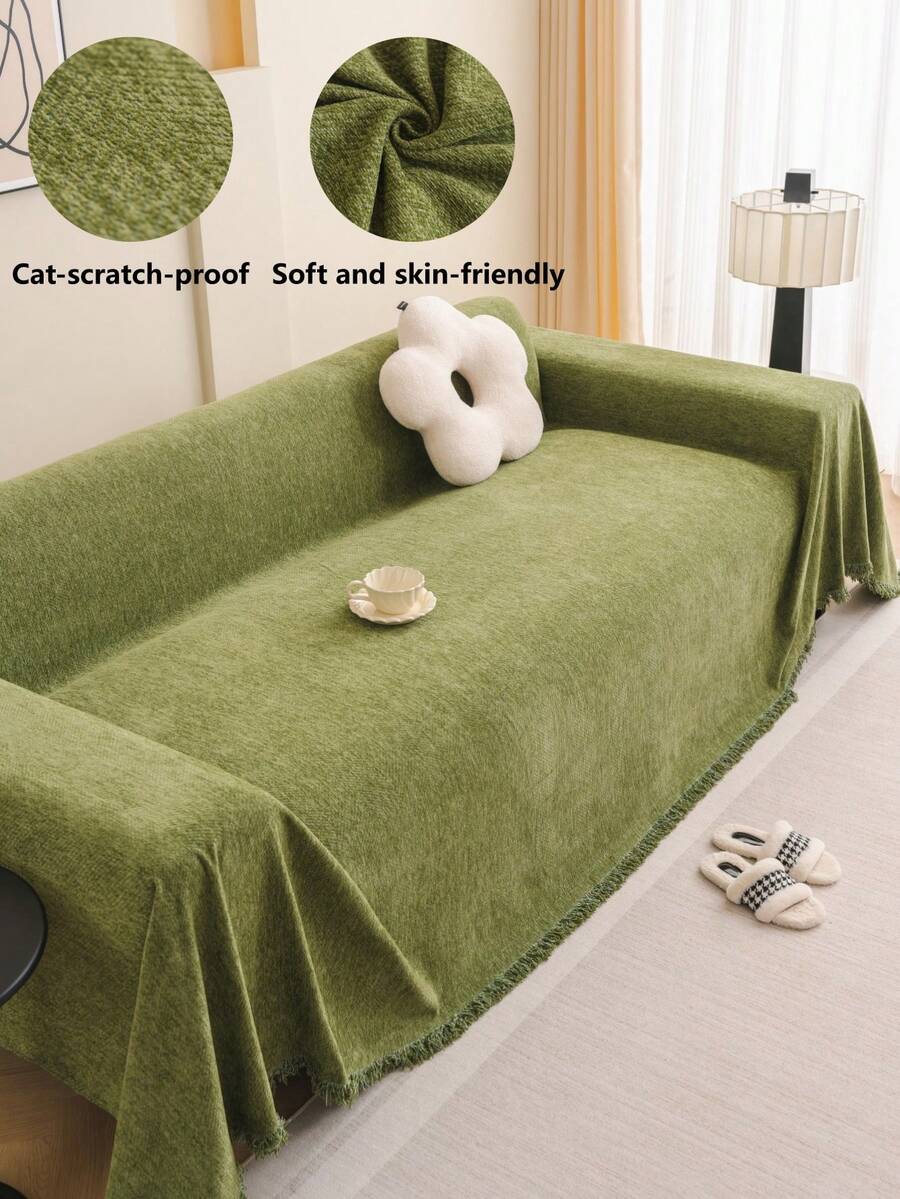 1件装简约雪尼尔沙发套，装饰性沙发保护套，家居装饰，宠物友好，透气，柔软舒适，防滑，防尘，防刮擦，四季皆宜，适用于卧室、客厅、书店、办公室、汽车、俱乐部、派对、1-4人沙发、L型沙发 - 綠色 - 查看 1
