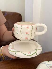 一套花卉图案陶瓷咖啡杯碟，优雅欧式陶瓷杯碟，咖啡杯碟，陶瓷杯碟，高品质下午茶杯，家用早餐牛奶杯，咖啡杯，水杯，果汁杯，礼品杯，饮具，杯碟套装 - 彩色 - 查看 10