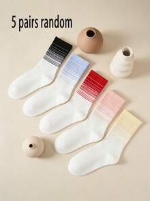 1/3/5 Pairs Random Color Women Gradient Striped Mid-Calf Socks, Ribbed Seamless Cuff Non-Slip Sports Socks - Multicolor - View 13
