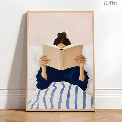 1幅复古抽象风格女子在床上阅读帆布艺术印刷海报，现代墙面艺术装饰画，复古美学装饰，适合卧室、客厅、办公室、书房、浴室、厨房、走廊、宿舍、公寓等场所的墙面装饰和家居装饰，是送给朋友的理想礼物。