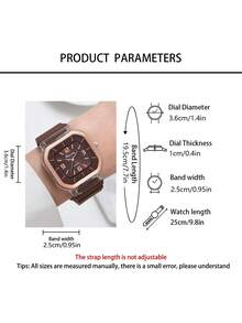 两件套简约休闲女士石英表，复古优雅风格硅胶石英表套装，包括深棕色硅胶表带、透明表壳、方形表盘女士手表和心形手链 - 棕色 - 查看 3