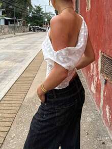 新款优雅波点提花不对称领无袖修身上衣，适合约会、度假和学校活动，白色，夏季款 - 白色 - 查看 2