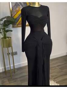 Women's Clothing 2026 Early Spring New Solid Color Long-Sleeved Round-Neck Chest Wrap Tight Temperament Long Dress - 黑色 - 查看 4