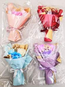 1件/2件/4件套人造花套装包含3朵人造玫瑰、满天星、花束包装纸和1朵20厘米x13厘米的永生花，是送给母亲、女友或朋友的生日或周年纪念日理想礼物。 - 粉色 - 查看 10